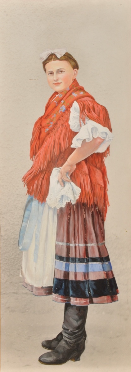 Köröstárkányi nő viseletben, 1912. Színezett fényképnagyítás Györffy István felvétele alapján, tempera, 49x20 centiméter (FORRÁS: NÉPRAJZI MÚZEUM)
