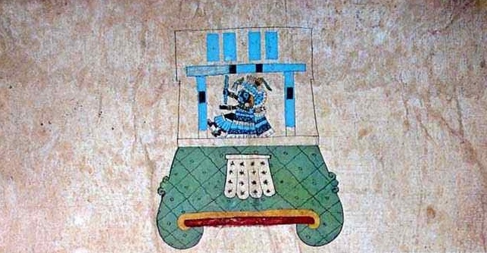 Tlaloc egy piramishegy tetején levő templomában festett kéregpapír ruhában, Codex Borbonicus p. 30