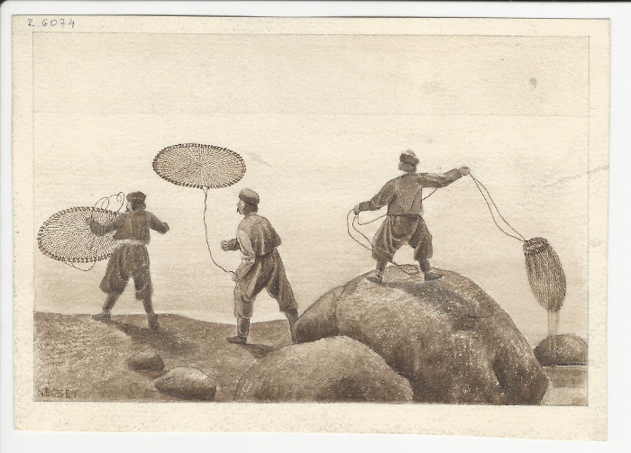 Halászat dobóhálóval a Fekete-tengeren  NM R 6074 Krím-félsziget, Oroszország, 1903 Nécsey István grafikája
