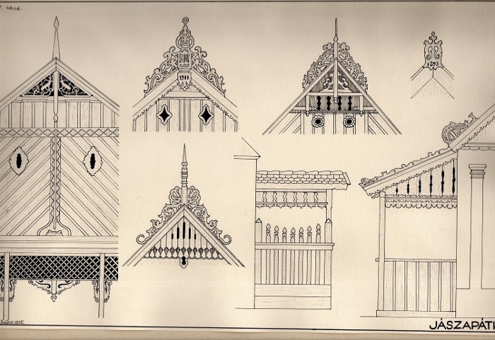 Fűrészelt deszkaoromzat-részletek 1893-ban és 1900-ban épült jászapáti házakról, tornácokról. Az egyik az egyik oromzaton magyar címer látható, Csete Balázs rajza, 1925, tollrajz, 25x36 cm, ltsz. R 4606