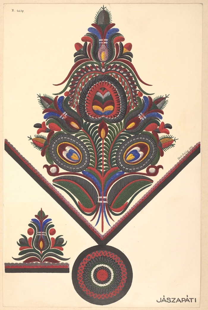 Cifraszűr hímzésének rajza: szűrgallér sarka bokorvirággal díszítve, a végén lelógó „csücsökkel”, valamint egy kiemelt mintaelemmel, Csete Balázs rajza, Jászapáti, 1950, tempera, 48x33 cm, ltsz. R 4639