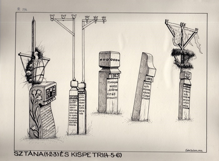 Hét faragott fejfa tollrajza, mindegyiknek felirata olvasható, egyik tetején zászló látható, további két gyereksíron szintén valamilyen zászlórúd látható. Sztána, (Kolozs vm.), grafika, tollrajz, 29,5x39 cm, 1944., NM R 376