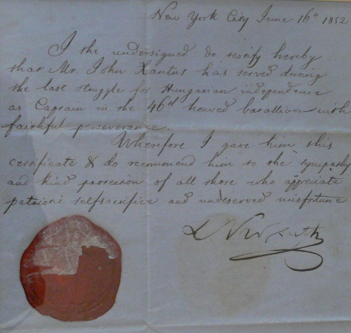 Kossuth ajánlólevele Xántusnak, New York, 1852. június 16. (Korányi-gyűjtemény, Budapest)