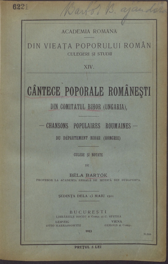 Cântece poporale româneşti din comitatul Bihor. Bucuresti; Leipzig; Viena: Sfetea: Harrassowitz: Gerold, 1913. (Academia Româna. Din Vieța Poporului Român. Culegeri şi studii 14 )– NM Könyvtár 6.221