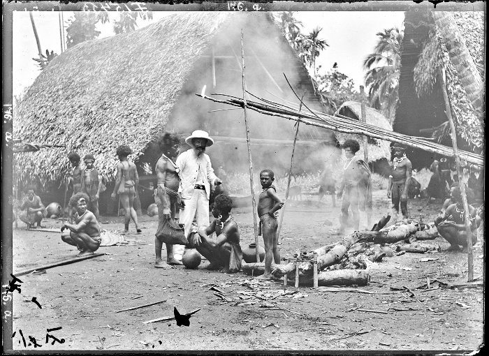 NM F 15453 Lajos Bíró with a group preparing for a mourning ceremony, former German New Guinea, 1900