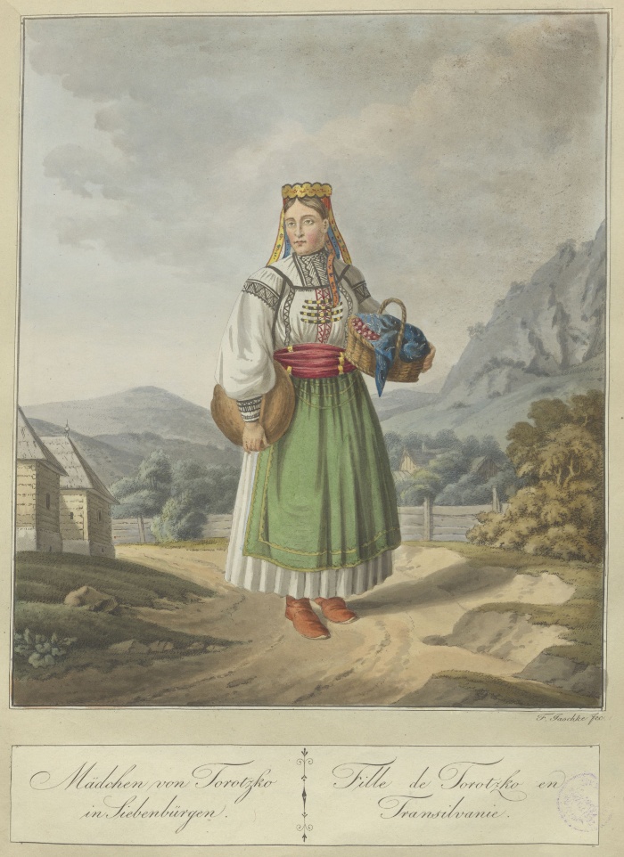 1. Torockói lány / Franz Jaschke. Színezett rézkarc. In National Kleidertrachten und Ansichten von Ungarn, Croatien, Slavonien, dem Bannat, Siebenbürgen und der Bukowina. Wien, 1821. (RX 355)