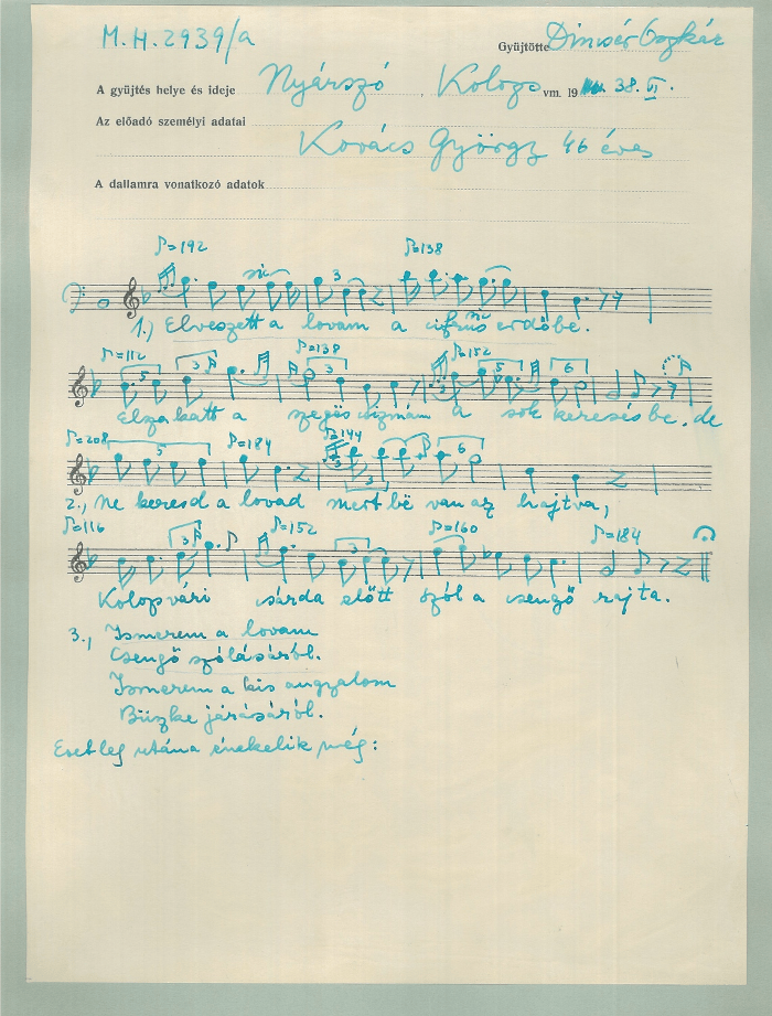 Az MH 2939 számú fonográffelvétel ’támlapja’ Dincsér Oszkár lejegyzésével